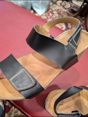 Clarks Black Leather Comfort Sandals with Wedge Heel